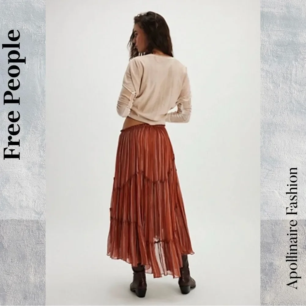 Free People Ember Terracotta Pleated Maxi Skirt Size SP New